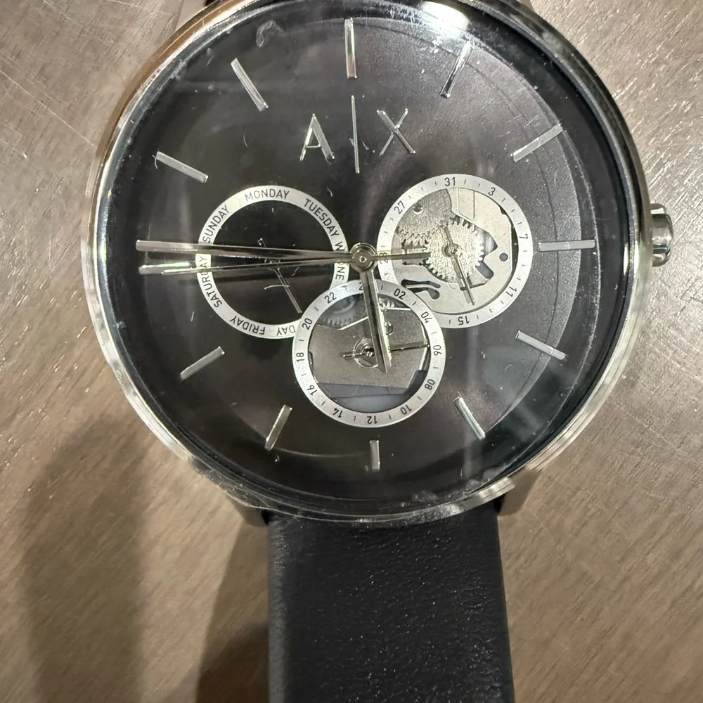 Armani Exchange NEW Cayde Chronograph Black Dial Black Leather Strap Watch